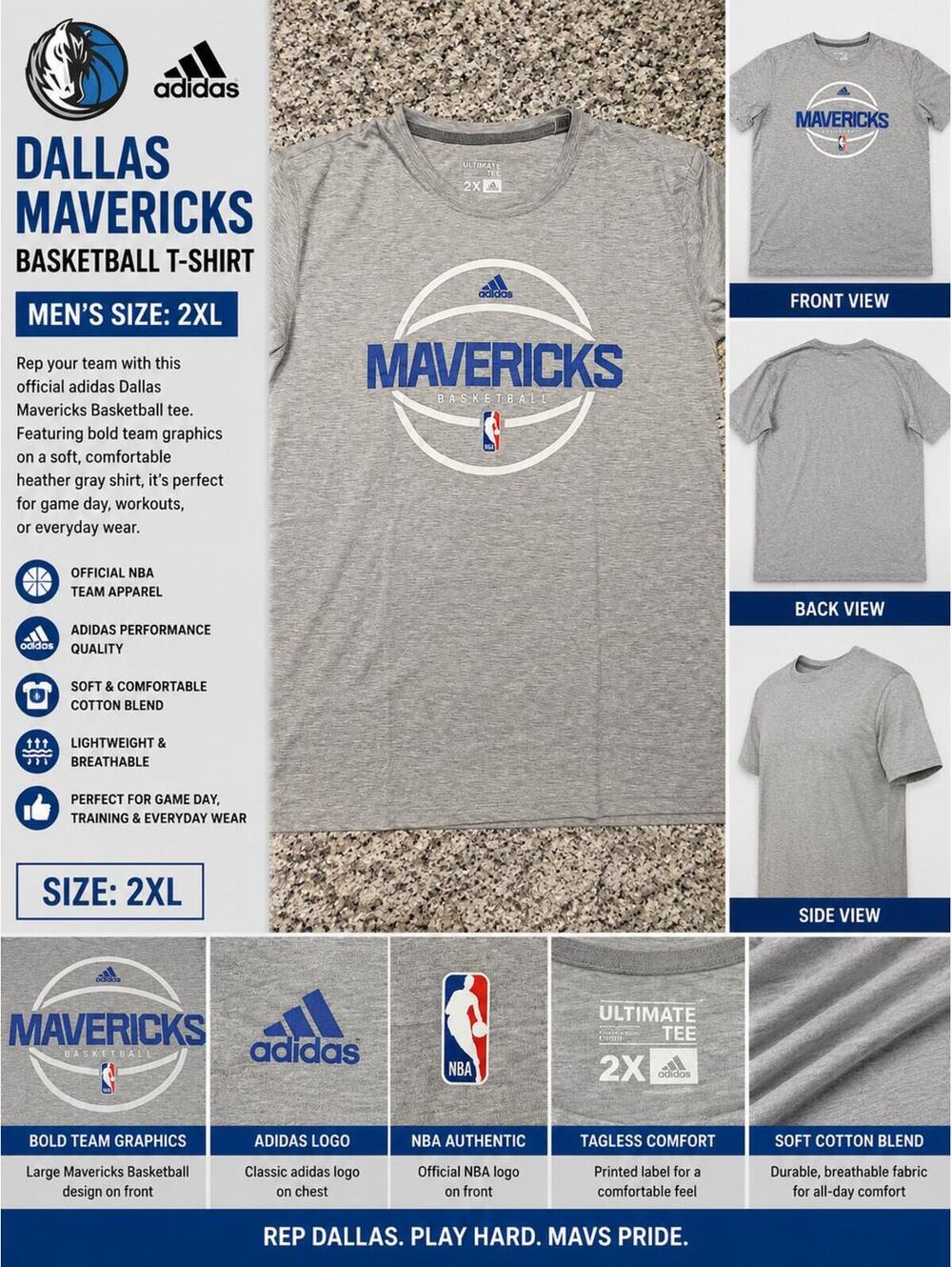 Dallas Mavericks adidas Basketball T-Shirt Men’s 2XL Gray NBA Tee